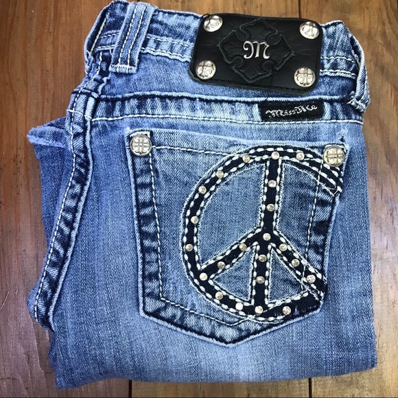 Miss Me Denim - Miss Me Peace Sign Distressed Boot Cut Jeans 28”